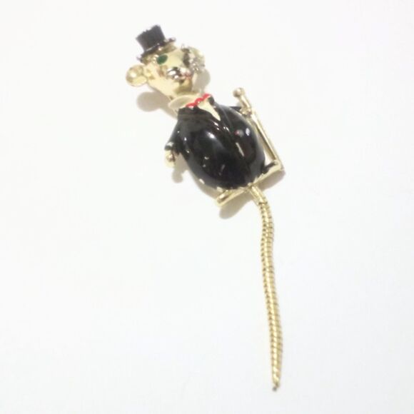 Vintage Mid Century Tuxedo Mouse Scatter Pin Brooch Gold Tone Figural Novelty - Picture 4 of 5
